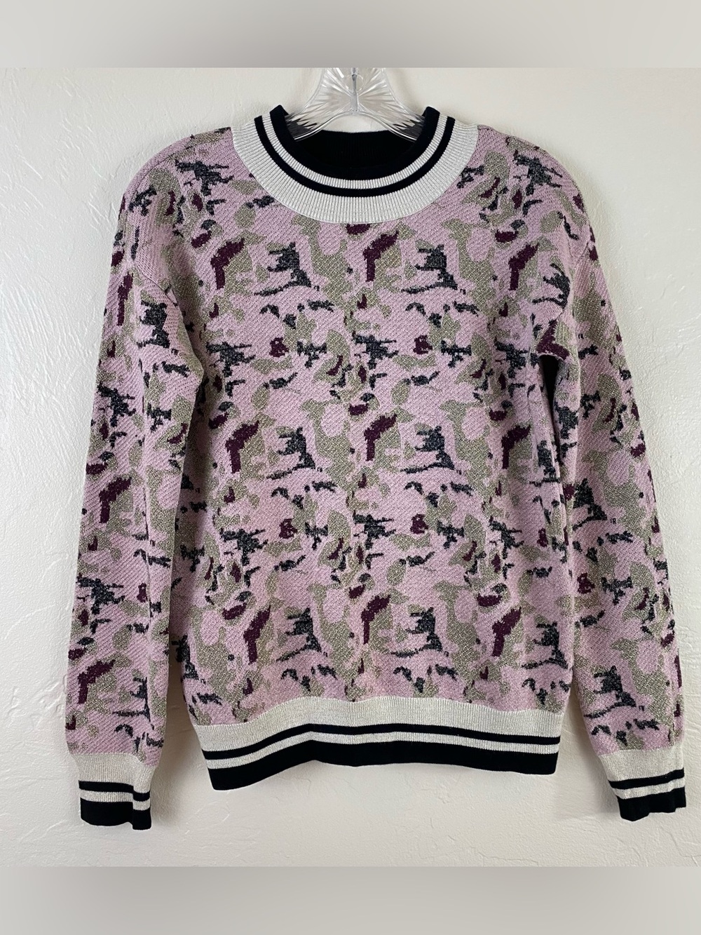 Saint Tropez Size Small Pink & Black Metallic Camouflage Mock Neck Rib Sweater
